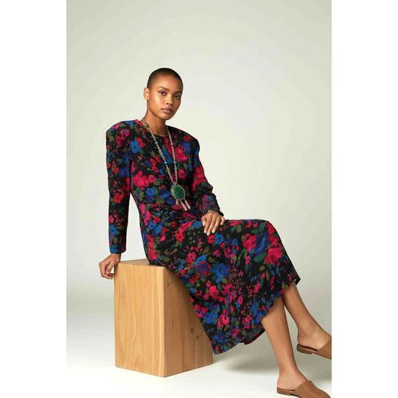 Louis Féraud Floral Silk Viscose Dress West Germany Sz 6 Side Sash Draped Waist - Picture 2 of 3